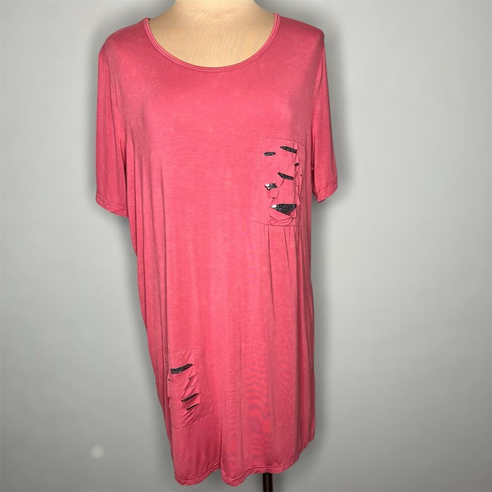 Pol T-Shirt Dress Large Womens Distressed Sequin Shift Mini Jersey Pink Casual